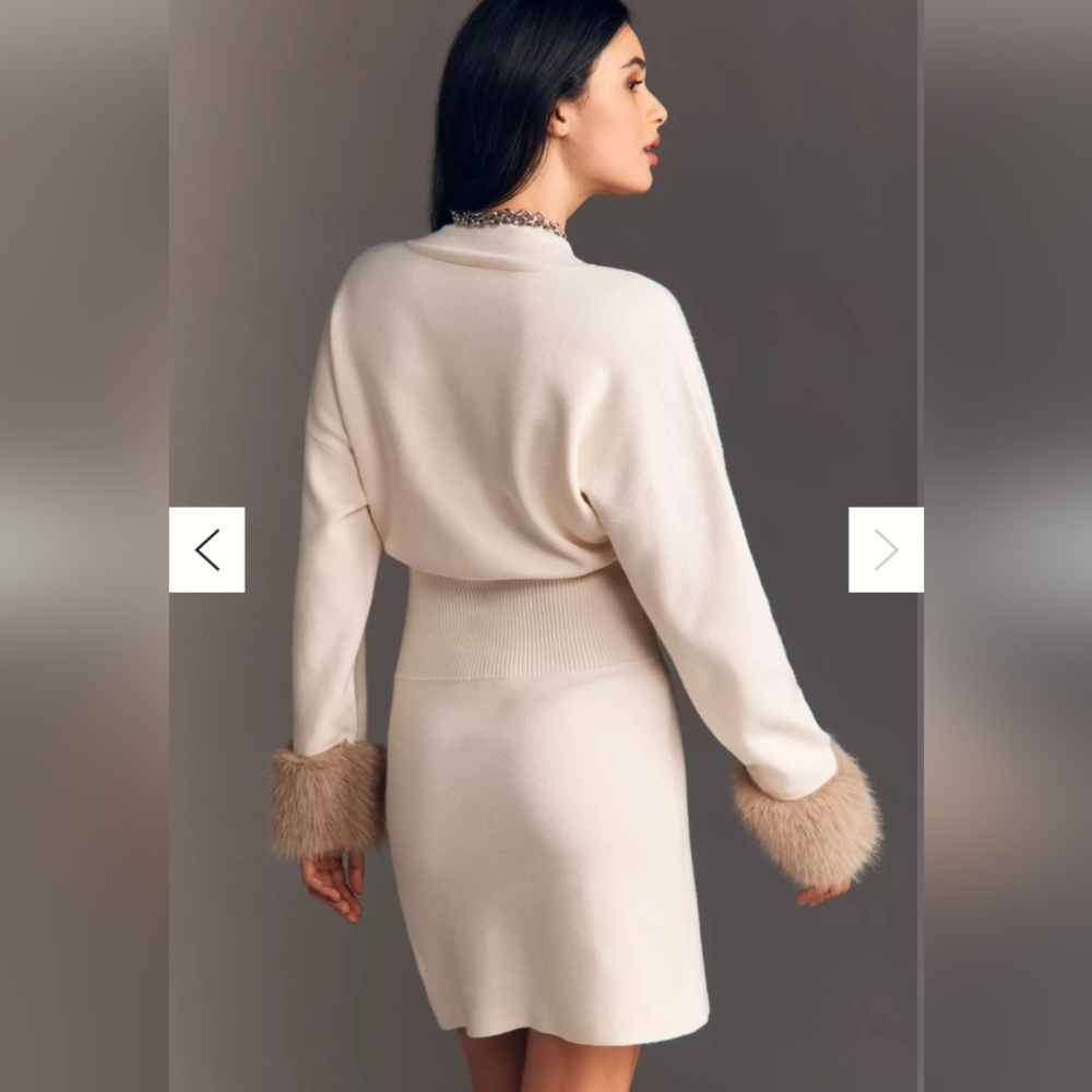 Anthropologie long-sleeve faux fur trim cuffs mini dress, cream, size 1X - Picture 2 of 10